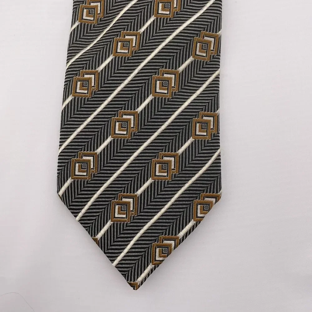 MARK PENDLETON Men's Designer Silk Necktie Black Brown Striped Geometric 60